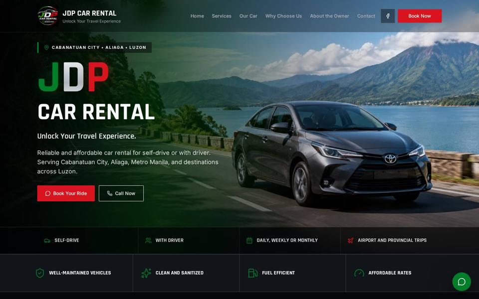 Homepage preview of the JDP Car Rental website